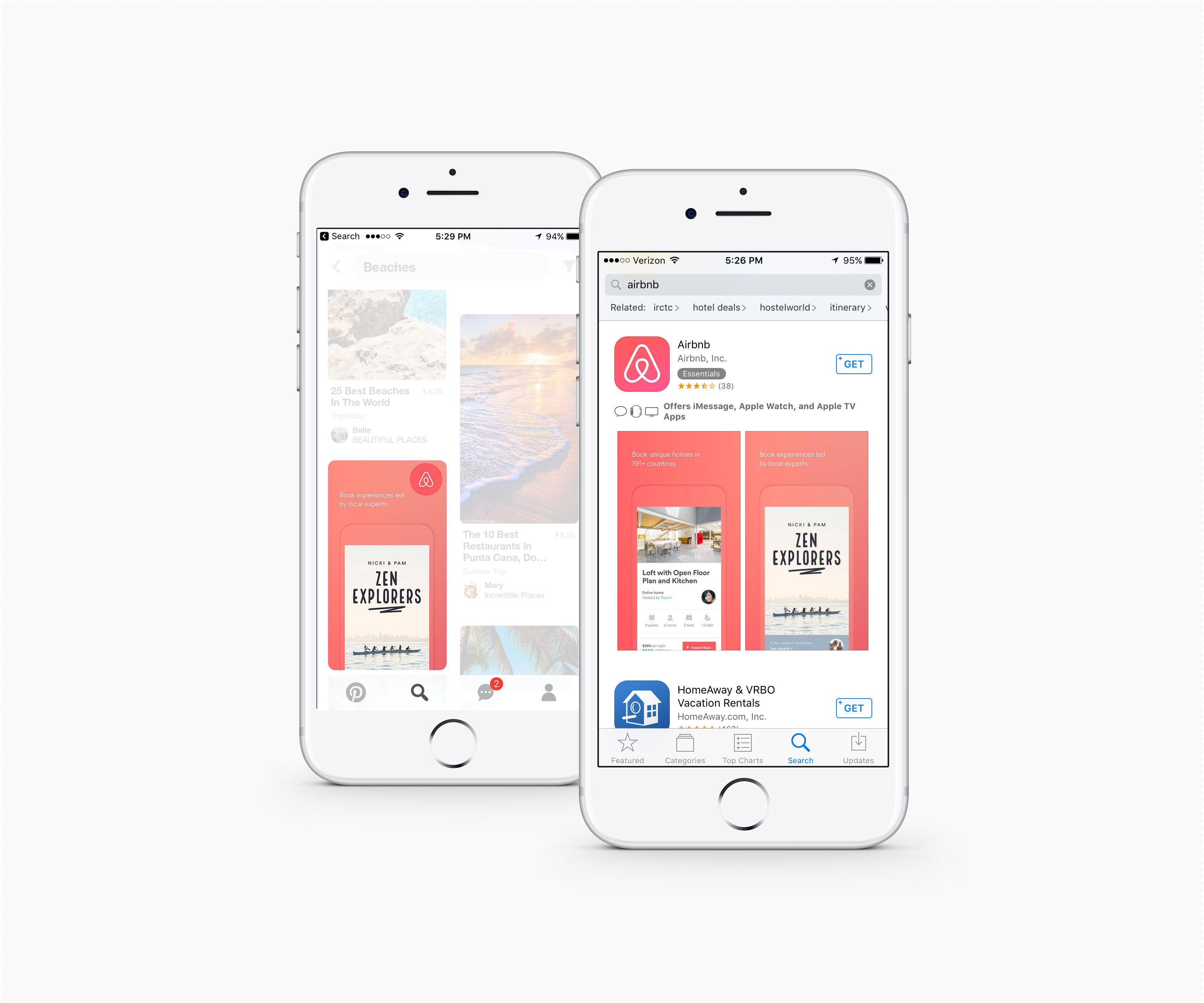Two smartphones with Airbnb app images on Pinterest and Apple Store