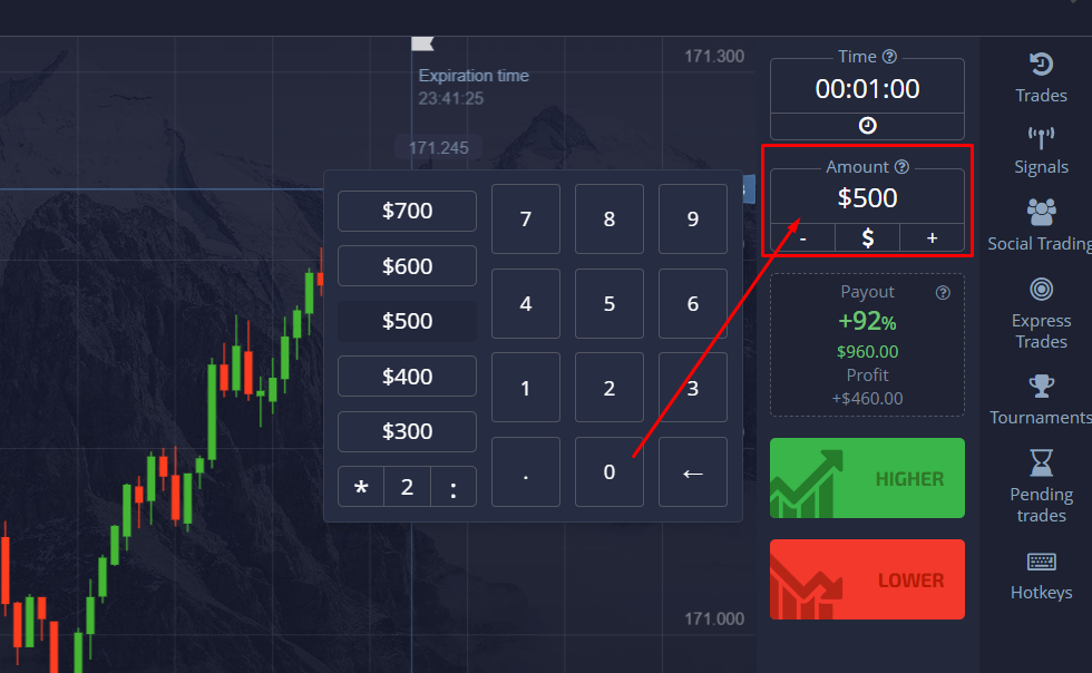 Choose the investment amount for binary trading