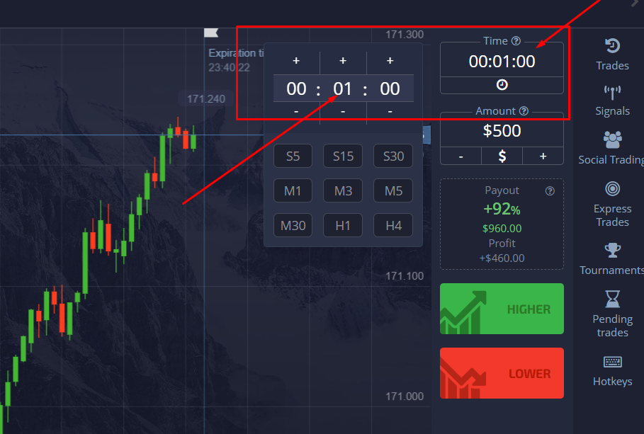 Set the expiry time for the binary option